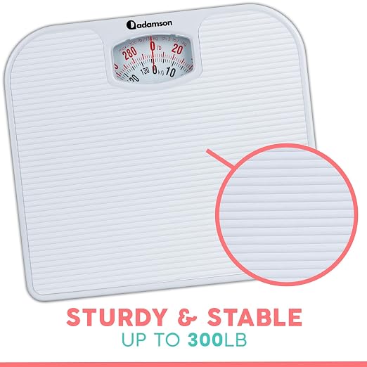 Adamson A21 Analog Scales for Body Weight - Up to 300 LB - New - Anti-Skid Rubber Surface + Large Numbers - Analog Bathroom Scale - Affordable - Durable with 20-Year Assurance