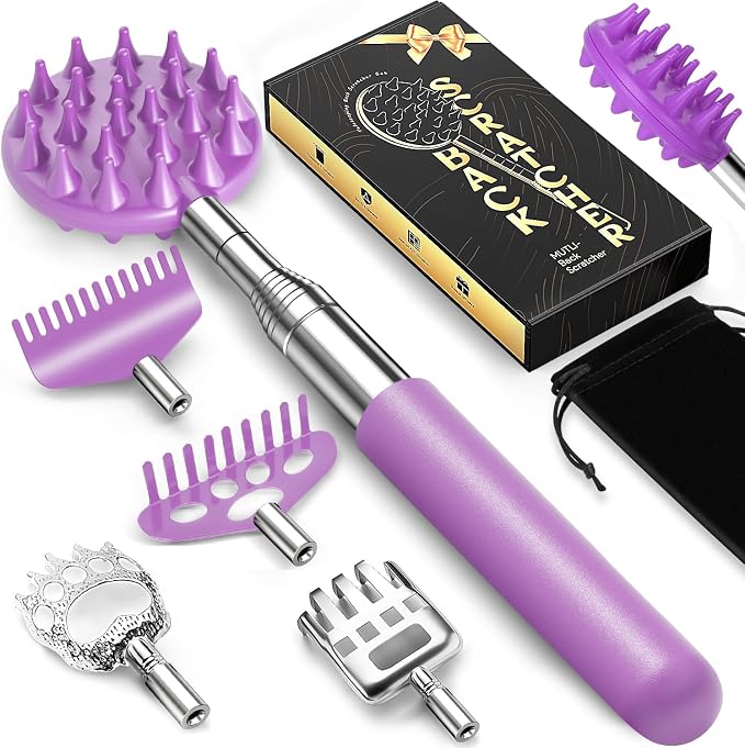 Telescoping Back Scratcher with 5 Detachable Heads, Gift for Men Purple | 10-30" Reach, Stainless Steel Pole, Rubber Grip, Christmas Stocking Stuffers, White Elephant, Anniversary and Birthday Gift
