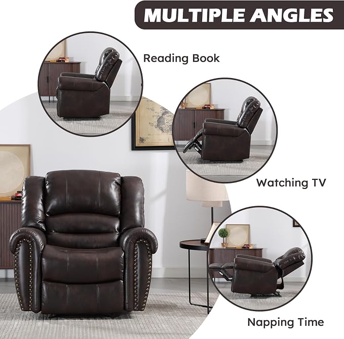 Leather Recliner Chair, Classic and Traditional Manual Recliner Chair with Comfortable Arms and Back Single Sofa for Living Room, Dark Brown