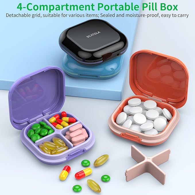 Daily Pill Organizer 4 Compartments, Small Pill Box Portable Travel Pill Case, Mini Pill Container for Purse Pocket, Compact Travel Medicine Organizer for Vitamin, Cod Liver Oil, Supplement