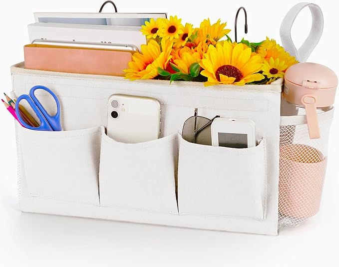 Bedside Caddy, Bedside Storage Bag Hanging Organizer for Bunk Dorm Bed Rail | Bed Caddy with Hooks, Top Bunks and Dorm Essentials for Water, Tissues, Tablets, Books, Phones, Remotes and Other Necessories