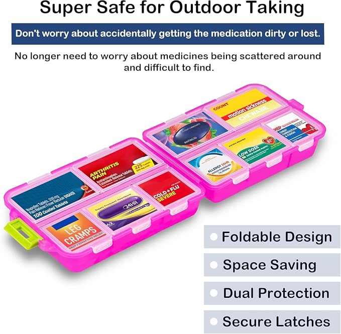 3 Pack Extra Large Pill Organizers with Medicine Labels, Pink Blue Purple | Includes 3 extra large cases with 3x161 labels and 10 compartments each for 7-day planning and travel