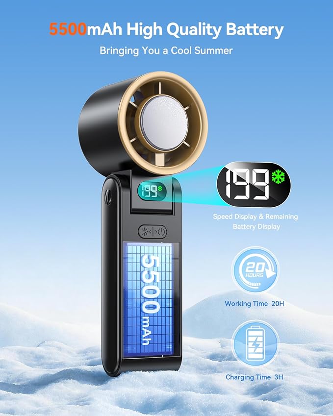 Portable Handheld Fan with Ice Cooler, 199 Speed Personal Fan,5500mAh Rechargeable,20H Cooling Time,20000 RPM Powerful Motor, Summer Essential for Travel/Outdoor/Office, Black Gold