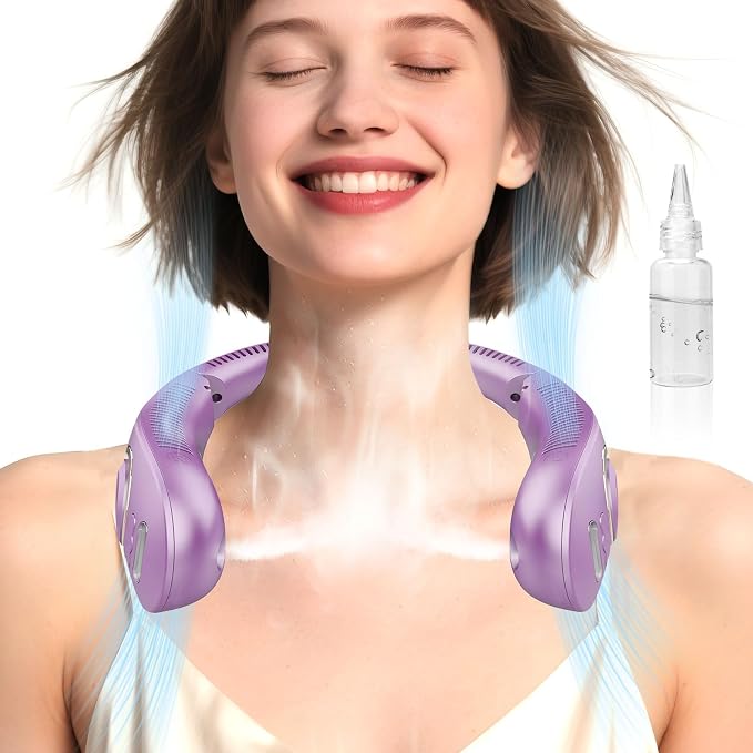 Neck Fans Portable Rechargeable Personal Misting Fan,Fold Up Compact Necklace Fan with Mist,Soundless Powerful Mobile Body Air Cooler with Digital LED Display, Presents for Adults Kids Elderly Purple