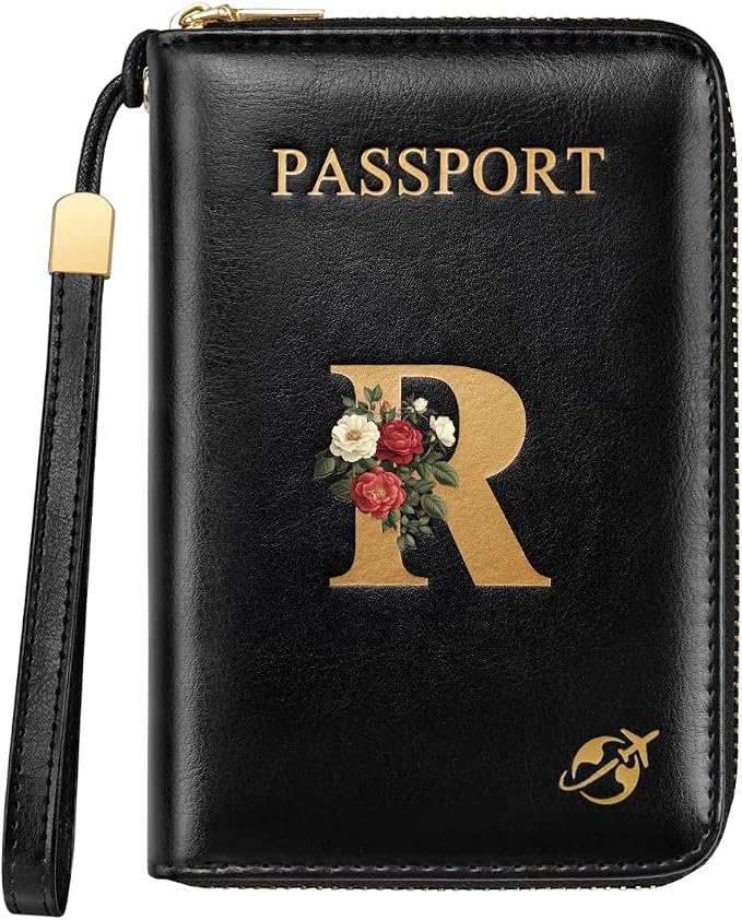 Passport Holder for Travel Personalized Wallet with Wristlet Women | Passport Cover, RFID Blocking, Passport Book Holders, Back Coin Pocket, Zipper Closure, Roses Initial Letter, Black R