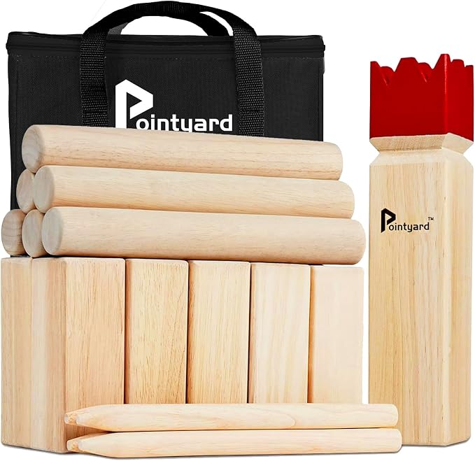 Kubb Yard Game Set Viking Chess Outdoor Hevea Hardwood Toss Game for Adults & Families - with 10 Blocks, 6 Batons, Carrying Bag | Perfect for Backyard Lawn Beach Party BBQ Camping