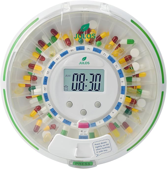 JULOS 28-Day Automatic Pill Dispenser for Seniors with Alarm | Flashing Light & Loud Alert, Key Lock Security, Up to 6 Daily Doses, Medication Reminder for Seniors, Dementia & Caregivers