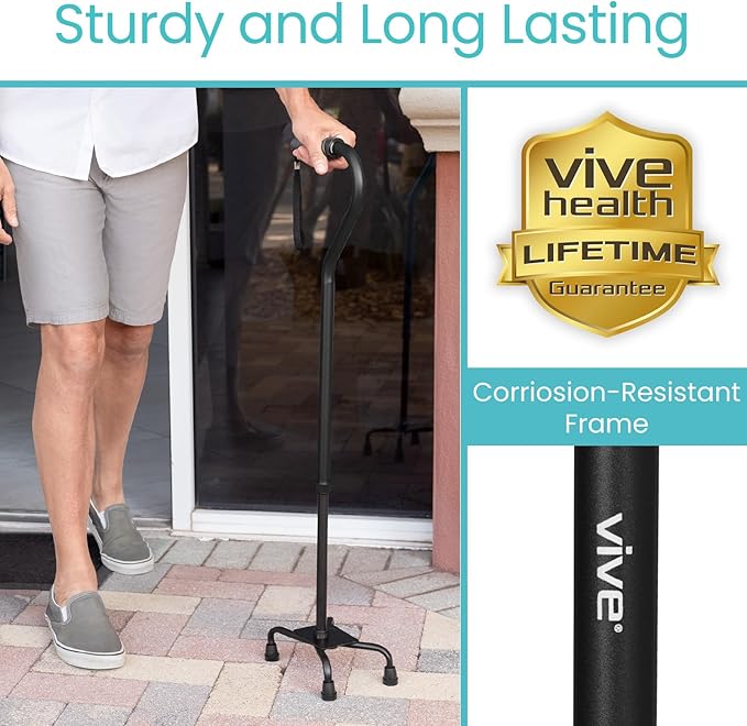 Vive Quad Cane - Walking Stick for Men and Women - Lightweight Adjustable Staff - Comfortable Right and Left Hand Grip for Stability Support - Four Prong Sturdy Aluminum Travel Aid - 4 Tip Black