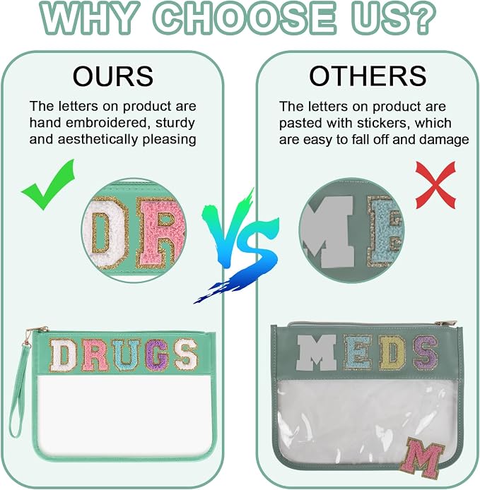 Iqimott Chenille Letter Patch Bag Clear MEDS Drugs Pouch, Preppy Portable Cosmetic Makeup Bag for Women Girls Travel, Waterproof Nylon Zipper Toiletry Medicine Storage Case Stadium Bag(Green, DRUGS)