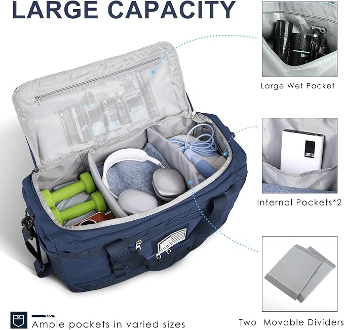 Gym Bag for Men Women, Carry on Luggage 22x14x9 Airline Approved Duffle Bag | Tactical Travel Bags with Toiletry Bag and Shoe Compartment, Weekender Overnight Duffel with Wet Pocket for Workout, Blue