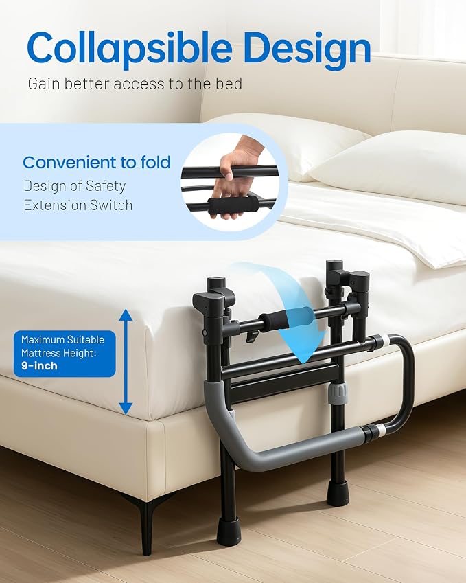 Safety Bed Rail for Elderly Adults - Foldable Bed Assist Rail with Adjustable Height & Storage Pocket, Bedside Support Handle for Seniors, Post Surgery Recovery & Fall Prevention