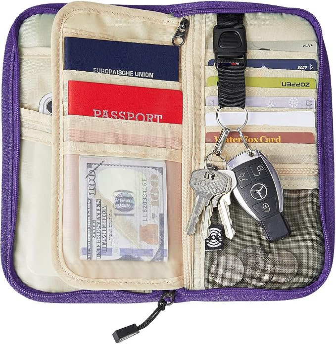 Passport Holder Family RFID Passport Wallet, Passport Holder Women/Men, Travel Wallet Documents Organizer Zipper Case with Removable Wristlet Strap, Travel Essentials for Flying