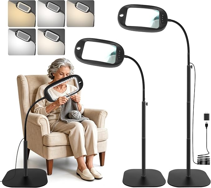 30X/10X Floor Magnifying Glass with Light and Stand, 45 LED Flexible Gooseneck, Hands-Free Magnifying Lamp for Reading, Close Work, Sewing