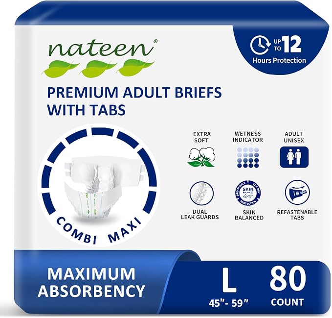 Nateen Combi Maxi Adult Diapers with Tabs for Men & Women, Maximum Absorbency Incontinence Briefs,Overnight Protection, Leakproof Disposable Adult Underwear. Large, 80Count