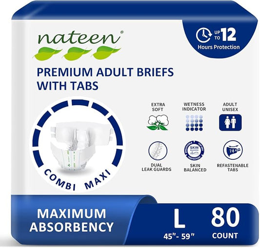Nateen Combi Maxi Adult Diapers with Tabs for Men & Women, Maximum Absorbency Incontinence Briefs,Overnight Protection, Leakproof Disposable Adult Underwear. Large, 80Count