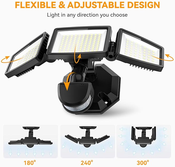 LED Security Lights Motion Sensor Light Outdoor, 7000LM, 6500K, Waterproof, Flood Light Outdoor Motion Detector with Adjustable 3 Head, Hardwired Wall Light for Entryway, Yard, Garage (2)
