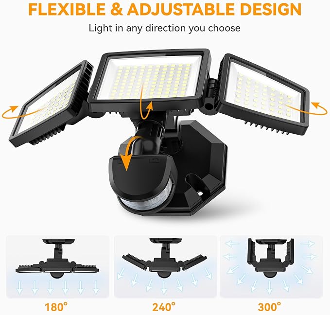LED Security Lights Motion Sensor Light Outdoor, 7000LM, 6500K, Waterproof, Flood Light Outdoor Motion Detector with Adjustable 3 Head, Hardwired Wall Light for Entryway, Yard, Garage