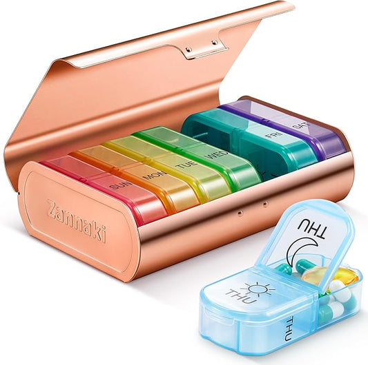 Zannaki Metal XL Weekly Pill Organizer 2 Times a Day, Large Travel Daily Pill Box 7 Day, Portable Week Twice Pill Holder Container, AM PM Pill Case for Medicine Vitamin Medication Supplement, Gold