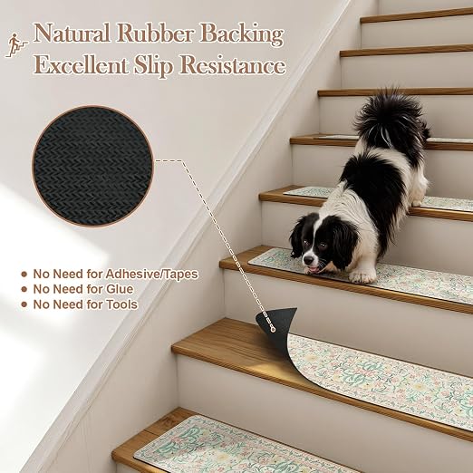 OJIA Pink Floral Stair Treads for Wooden Steps 15PCS 8"x30" Stair Runner | Non-Slip Stair Runners Rubber Carpet Treads for Wood Stairs Indoor Staircase Step Treads for Kids & Dogs, Stair Covers, Green