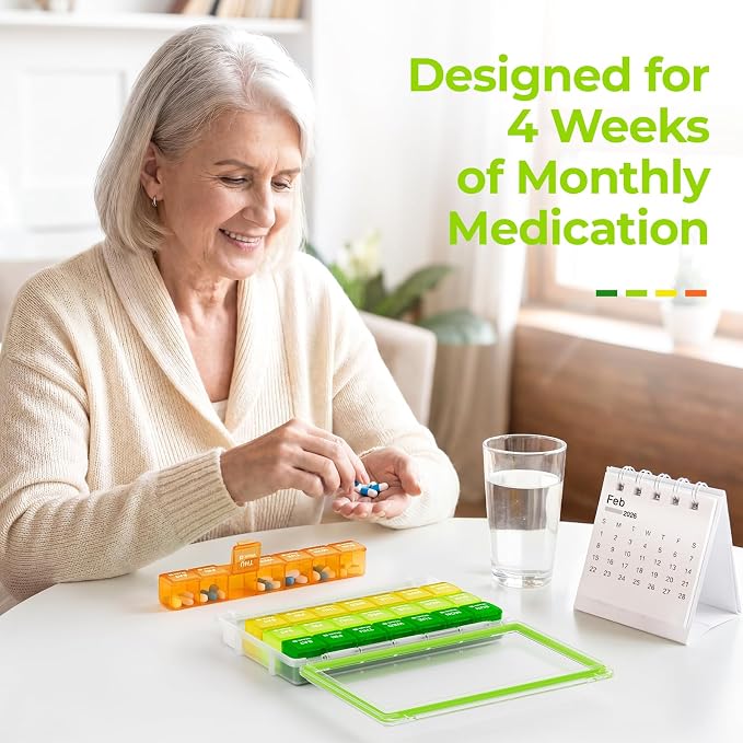 AUVON Moisture-Proof Monthly Pill Organizer, Large 28 Days Pill Box Case with Removable 4 Weeks Medication Organizer Rows, Travel-Friendly to Store Fish Oils, Vitamins, Supplements, Medications