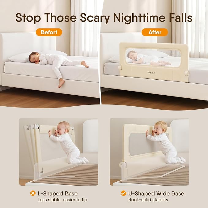 Bed Rail for Toddlers, 47 Inch Foldable Baby Guard | 47 in foldable toddler rail with reinforced anchors, no-gap mattress fit, double lock, washable fabric for King|Queen