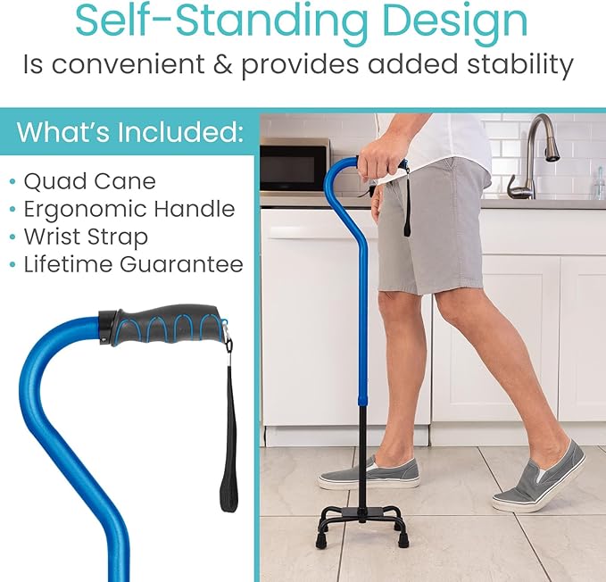 Vive Quad Cane - Walking Stick for Men and Women - Lightweight Adjustable Staff - Comfortable Right and Left Hand Grip for Stability Support - Four Prong Sturdy Aluminum Travel Aid - 4 Tip Dark Blue