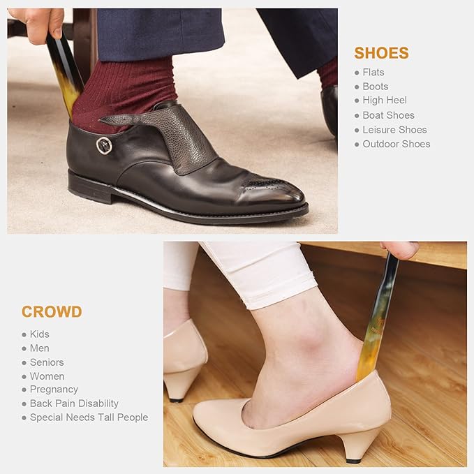Shoe Horn, Hand Crafted Natural Tibetan Yak Horn Shoe Horns for Men Women Kids, Boots & All Shoes, Portable Travel Size with Gift Box(8.7" to 9.4")