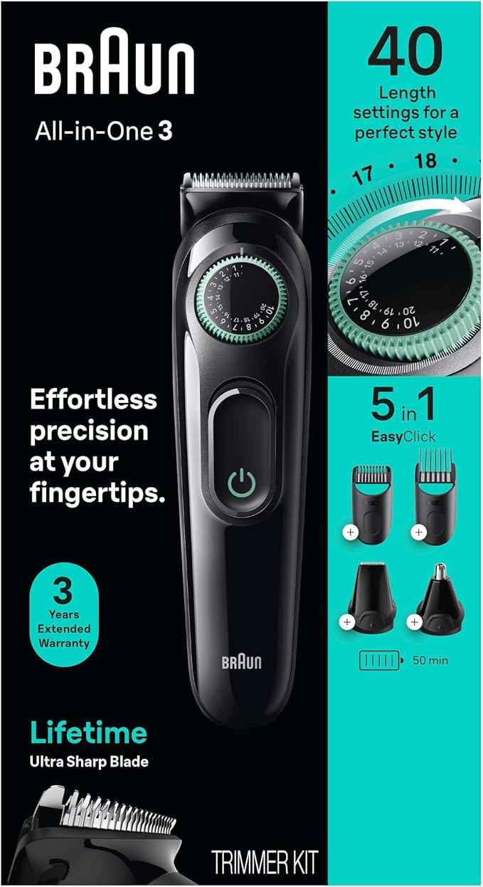 Braun All-in-One Style Kit Series 3 3450, 5-in-1 Trimmer for Men with Beard Trimmer, Ear & Nose Trimmer, Hair Clippers & More, Ultra-Sharp Blade, 40 Length Settings and Washable