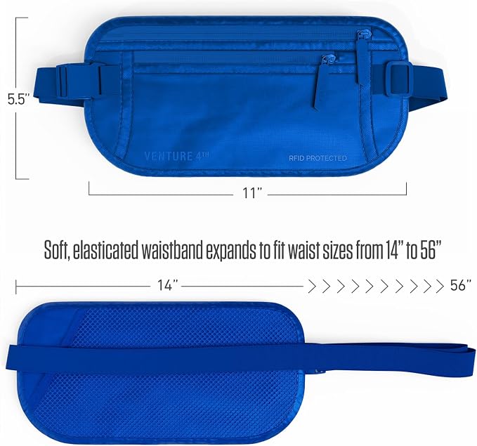 VENTURE 4TH Travel Money Belt, RFID Blocking Passport Holder - Sleek Blue