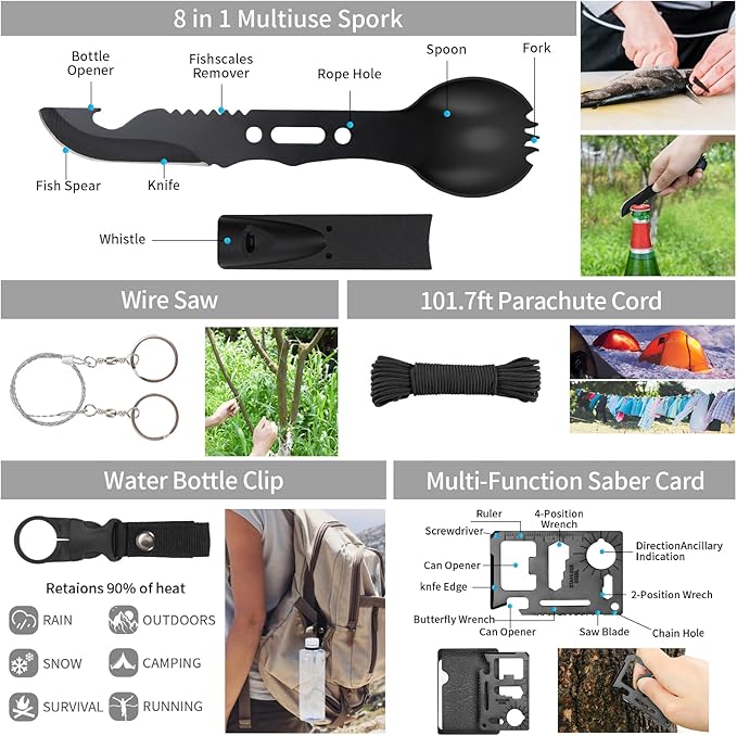 GPUSFAK Emergency Survival Kit and First Aid Kit, Camping First Aid Survival Kit with Molle Pouch for Preparedness Outdoor Adventure, Black