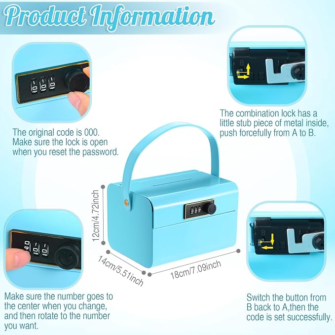 Honeydak Lock Box for Medication Metal Small Medicine Safe Pill Storage Box Portable Medicine Organizer with Combination Code and Handle for Refrigerator Fridge First Aid(Blue)