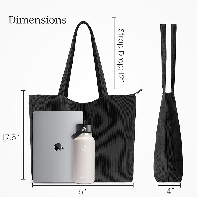 VANDEL Corduroy Tote Bag for Women and Men with Zipper and Inner Pockets. Cute School Tote Bag with Zipper, Aesthetic