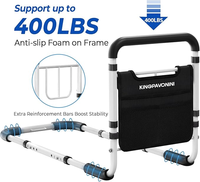 Bed Rails for Elderly Adults Safety - 2026 Upgrade - ASTM Compliant, Adjustable Bed Cane with Non-Slip Ergonomic Handle & Storage Pocket, Bed Railings for Seniors Load 400 LBS, Tool-Free Assembly