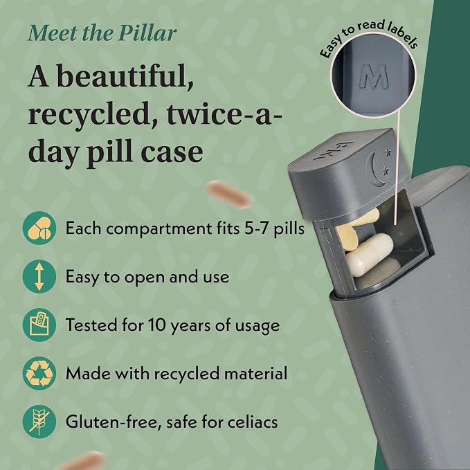 Pillar AM/PM Pill Box Organizer Two Times a Day | Aesthetic 7 Day Tablet Organizer 2 Times A Day | Beautiful Weekly Pill Box for Day and Night Medication (Slate Grey)