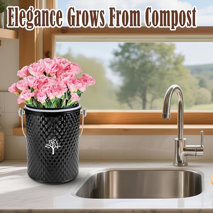 Countertop Compost Bin, Odor-Free Food Waste Container with 50 Bags | 1 Gallon Container,2 Carbon Filters,Compost Bucket, coffee grounds