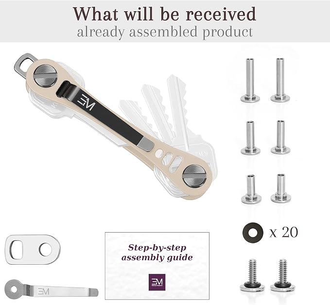EM Compact Key Holder, Pocket Key Organizer, 14 Keys Key Bar | Fits 4.6 mm or larger keyholes only. Small hole keys like mailbox keys may not fit. Anti jingle, removable clip