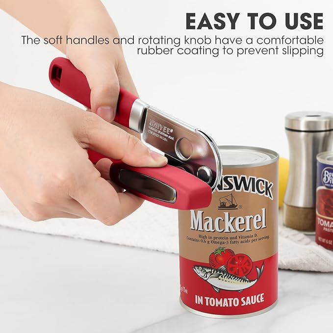 Manual Can Opener, UHIYEE Handheld Can Opener Heavy Duty with High Carbon Sharp Blade, Ease Can Open for Seniors with Comfort Grip Handles, Oversized Turn Knob, Red