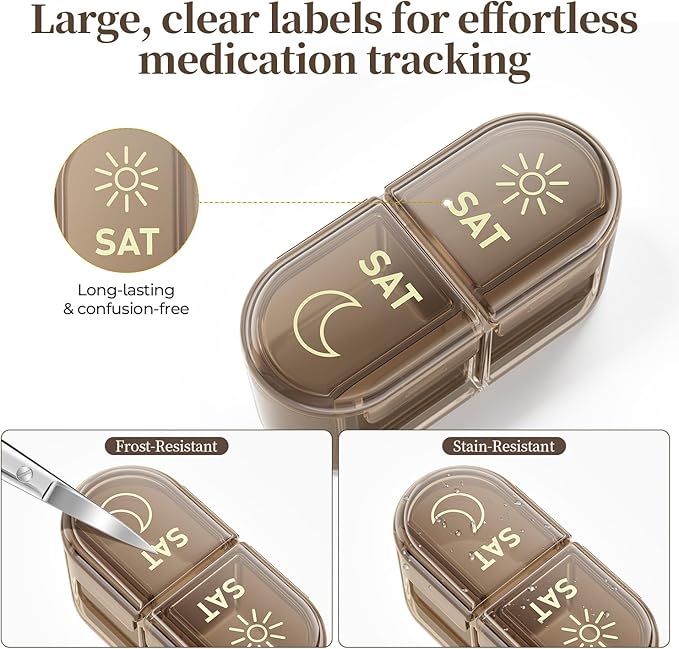 Betife AM PM Pill Organizer 7 Day, Weekly Pill Organizer Box 2 Times a Day | Portable, Cute, Easy Open, Airtight, Fashion, Dust-Proof, Reusable, Sturdy