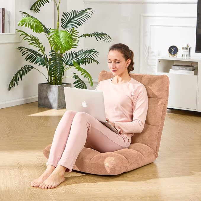 Folding Floor Gaming Chair 14-Poistion Cushioned Adjustable Floor Lazy Sofa Chair w/Breathable Cotton & Skin-Friendly Flannel for Adults & Kids Perfect for Reading Gaming Meditating, Camel
