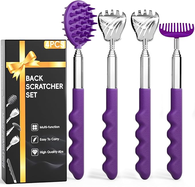 Gumry Versatile Back Scratcher, Valentines Day Gifts for Him, Birthday Gifts for Men, Women, Him, Her, Dad, Portable Telescoping with Different Heads and Rubber Handle - Purple