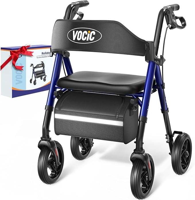 VOCIC Z21 Rollator Walker for Seniors with Seat, 8" All Terrain, 350 LBS | Lightweight Foldable & Dual Height Adjustable for Seniors, Ergonomic Arc Seat&6" Ultra Backrest Provide Comfort, Blue