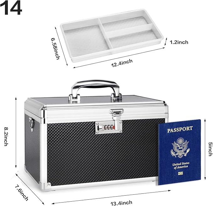 Medicine Box with Combination Lock - 13.4"x7.6"x8.2" First Aid Safe Medication Storage Case, Personal Items Safe Case for Hospital & Home & Outdoor 【Black】