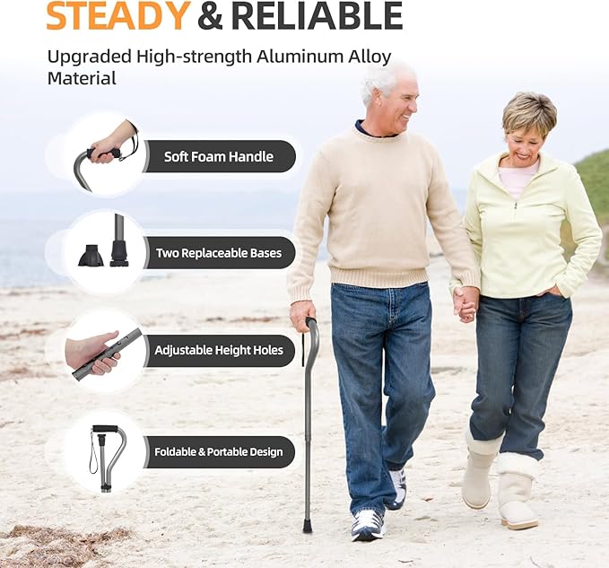 BeneCane Walking Cane for Men & Women Adjustable Cane with Offset Soft Cushioned Handle -Portable Lightweight Sturdy Mobility Walker Aid for Elderly, Seniors Collapsible Cane