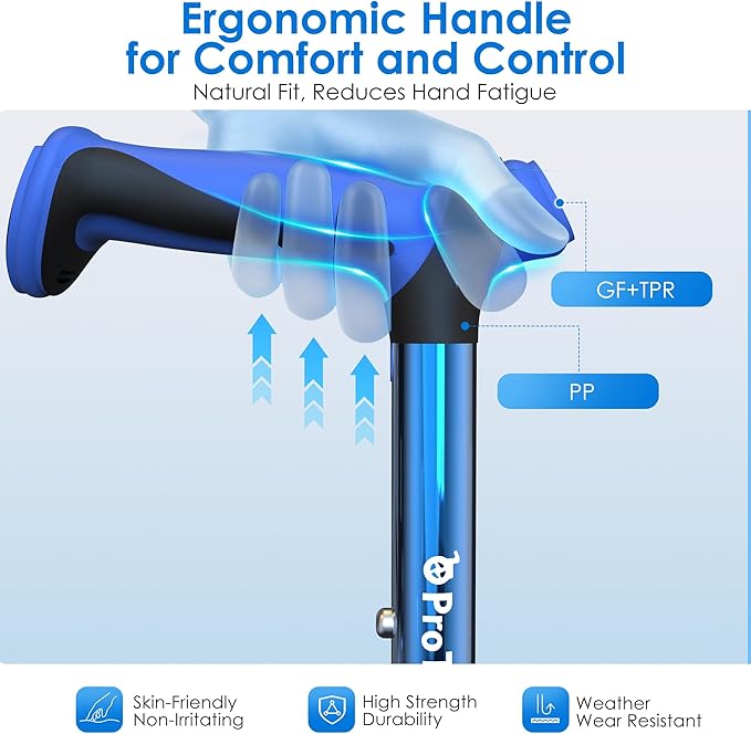 Walking Cane for Men & Women,Foldable,Adjustable,Self Standing Cane with Wrist Strap&Tag,350lbs Heavy Duty,All Terrain,Collapsible Walking Sticks for Seniors & Adults,Blue