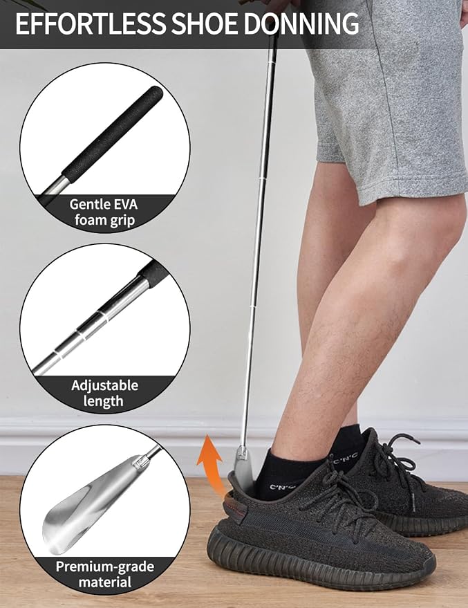 Sock Aid Device for Seniors and Shoe Horn Kit - Sock Helper Easy On and Off, Sock Assistant Device No Bending, Adjustable Extended Long Shoe Horn Back Scratcher for Senior