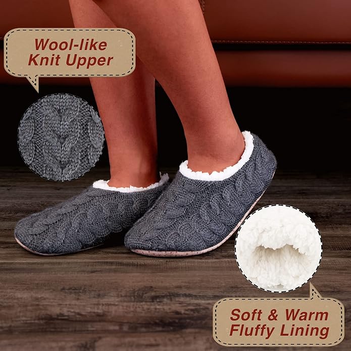 cosyone1997 2-Pair Thick Warm Fuzzy Slippers for Women Indoor Fluffy Sherpa Lined, Winter House Shoe Socks Non-Slip Soft Soles, Cozy Christmas Gifts