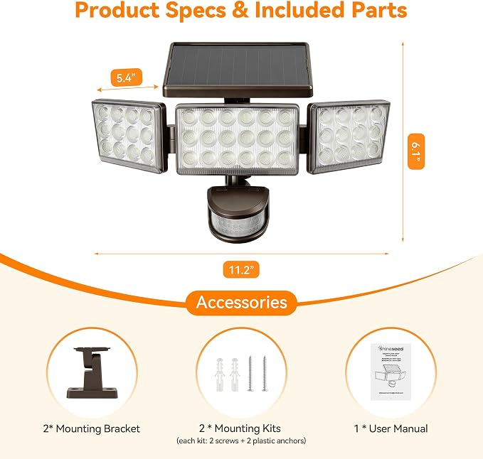 Solar Lights Outdoor, 3500LM 168 LED Motion Sensor Solar Flood Lights, 3 Heads 300° Wide Angle, 3 Modes IP65 Waterproof Solar Security Lights for Yard Garden Patio, 2 Pack (Brown)