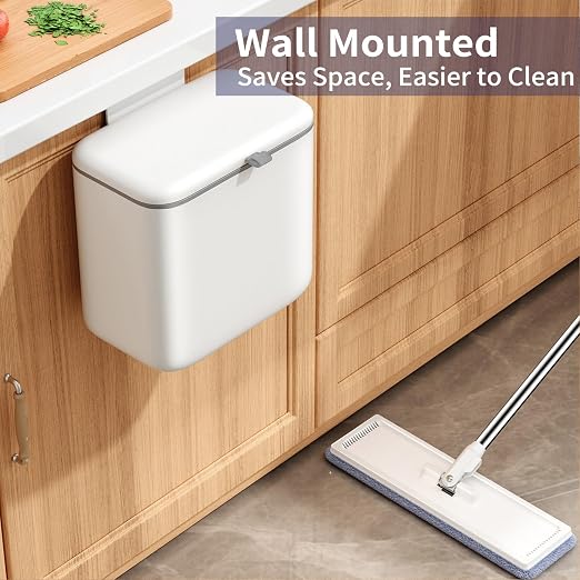 Compost Bin Kitchen for Countertop or Under Sink, 2.6 Gallon Hanging Small Trash Can with Lid, Garbage Can for Cabinet Door, Indoor/outdoor Food Waste Bin for Kitchen, Bathroom, RV, Office, White