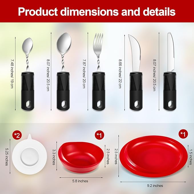 2 Sets Adaptive Utensils Bowl and Plate Set Adaptive Self Feeding Dinnerware with Suction Base Non Slip Bendable Cutlery for Elderly Disabled Hand Tremors Arthritis Parkinson(Red)