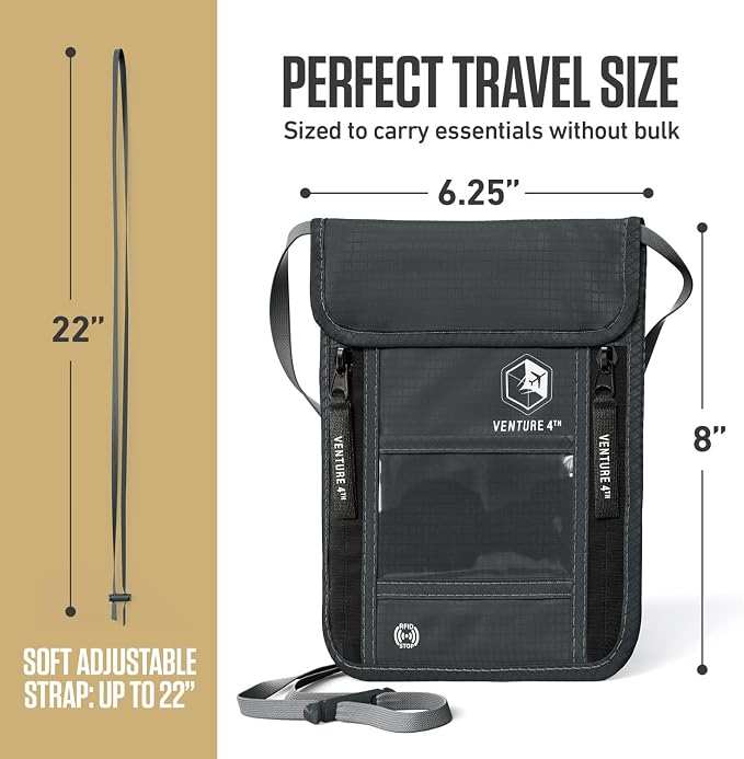 VENTURE 4TH Travel Neck Wallet, RFID Blocking Passport Holder - Gray